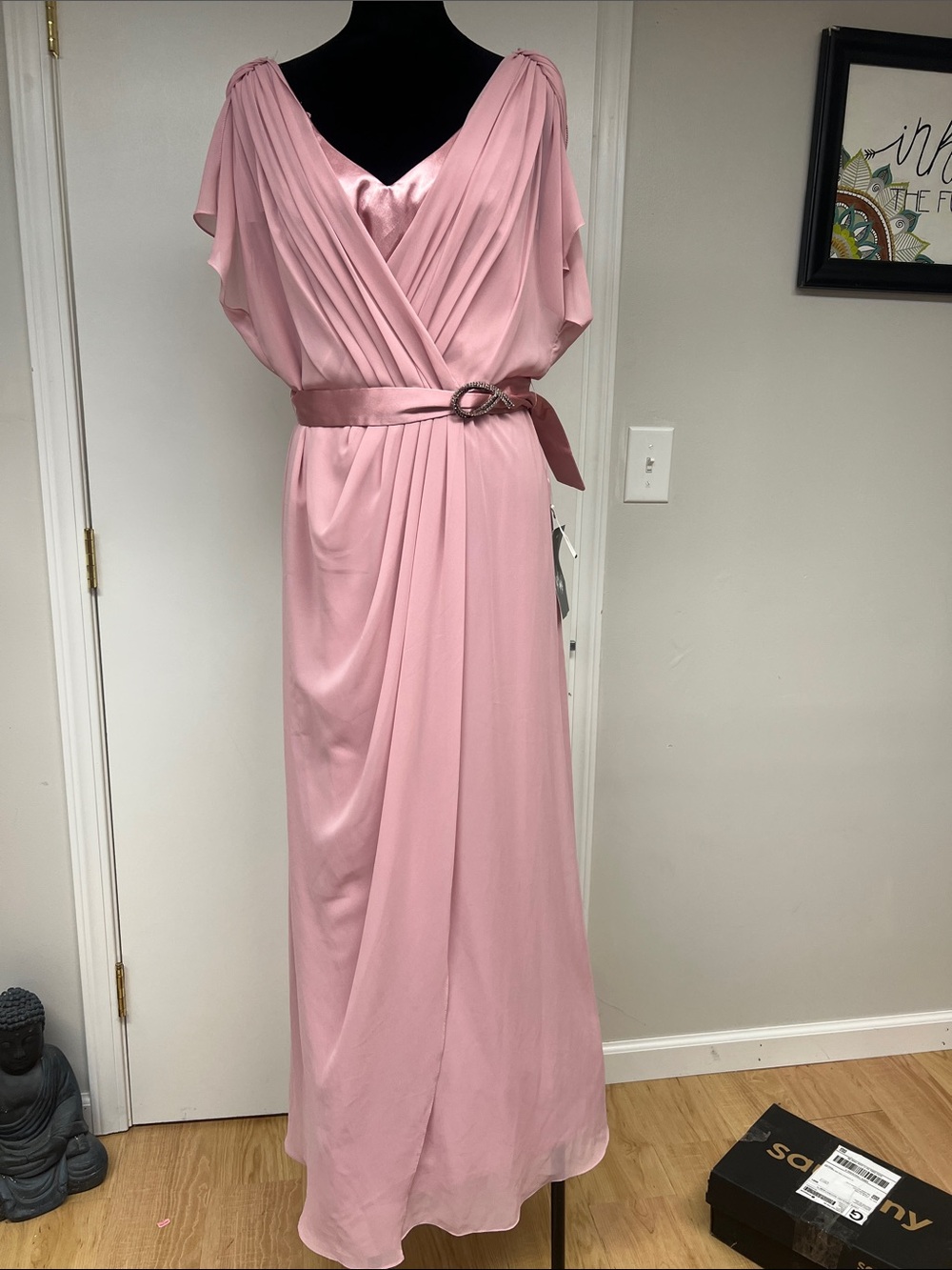 Patra Dusty Rose Draped V-Neck Satin-Belt Gown